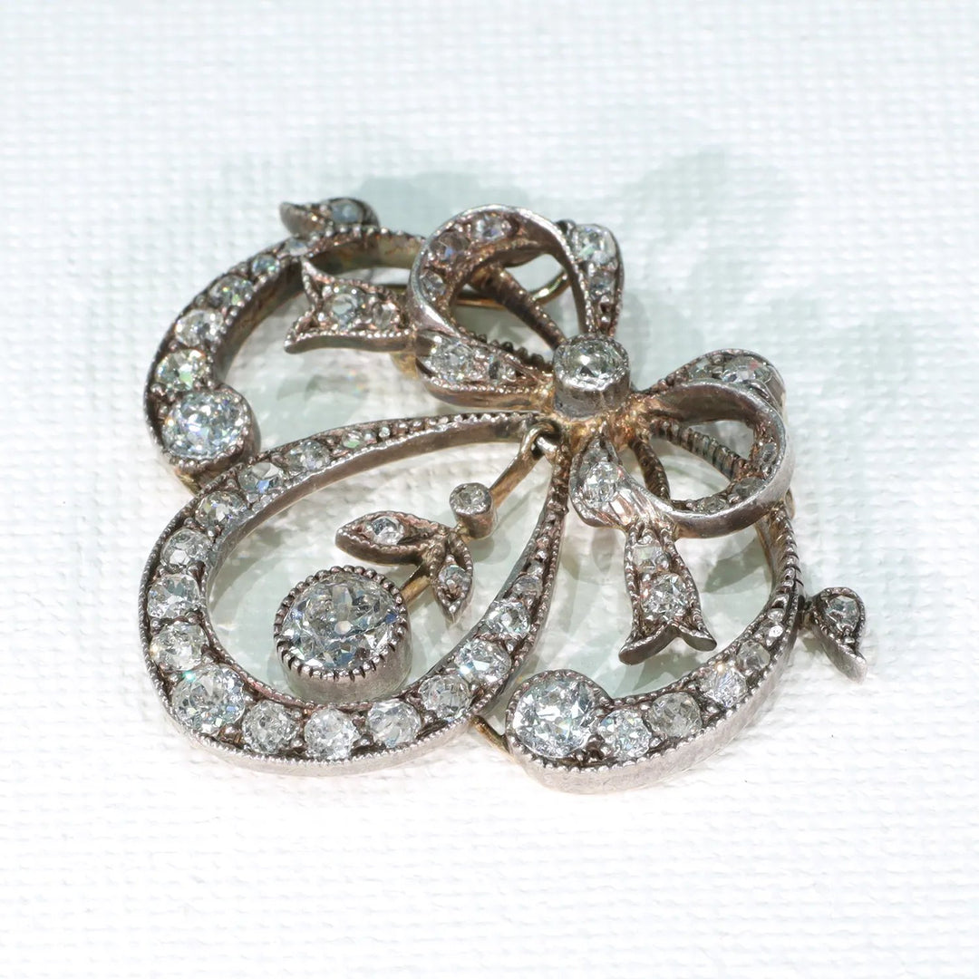 Antique Victorian Diamond Bow Necklace 15k Gold Silver Set