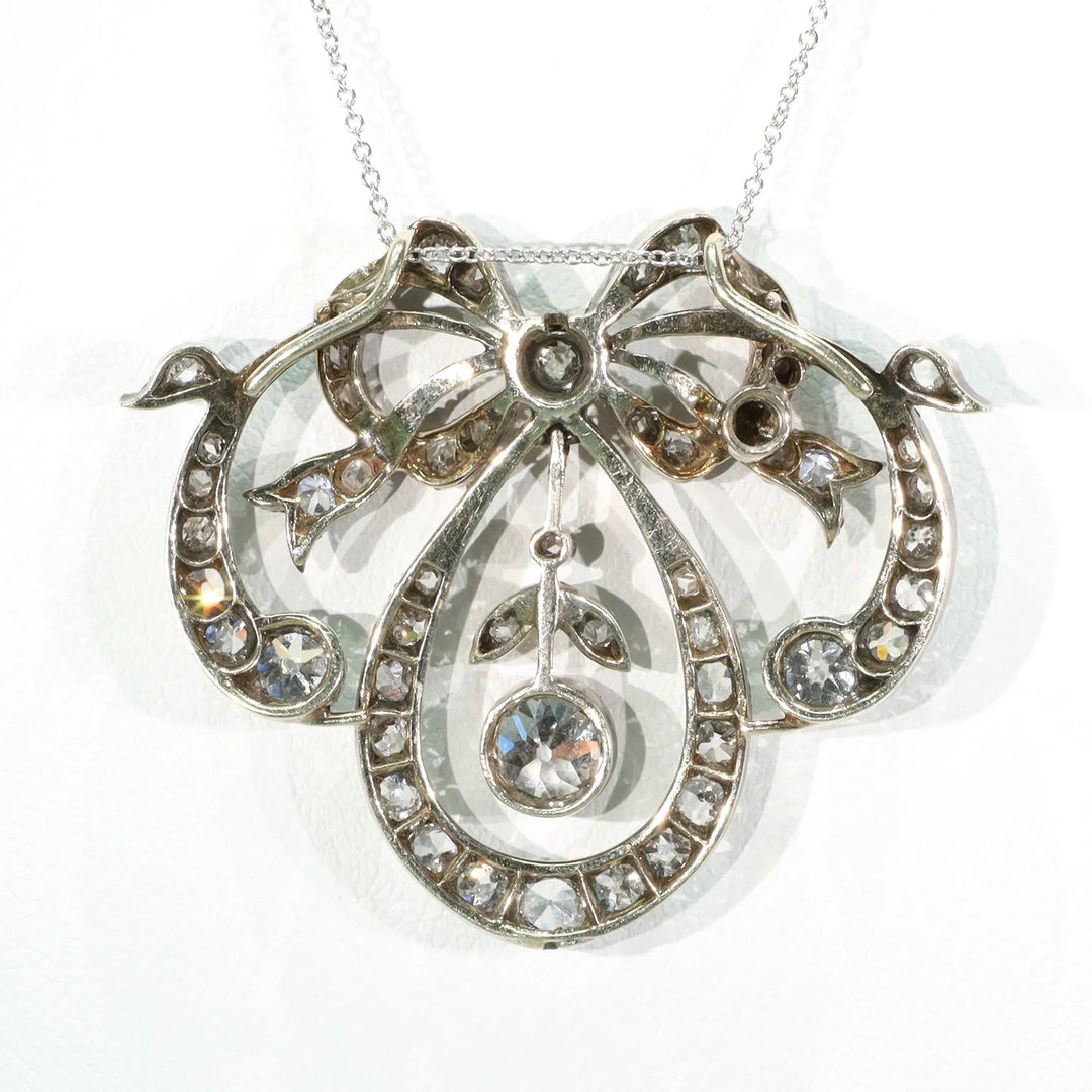 Antique Victorian Diamond Bow Necklace 15k Gold Silver Set