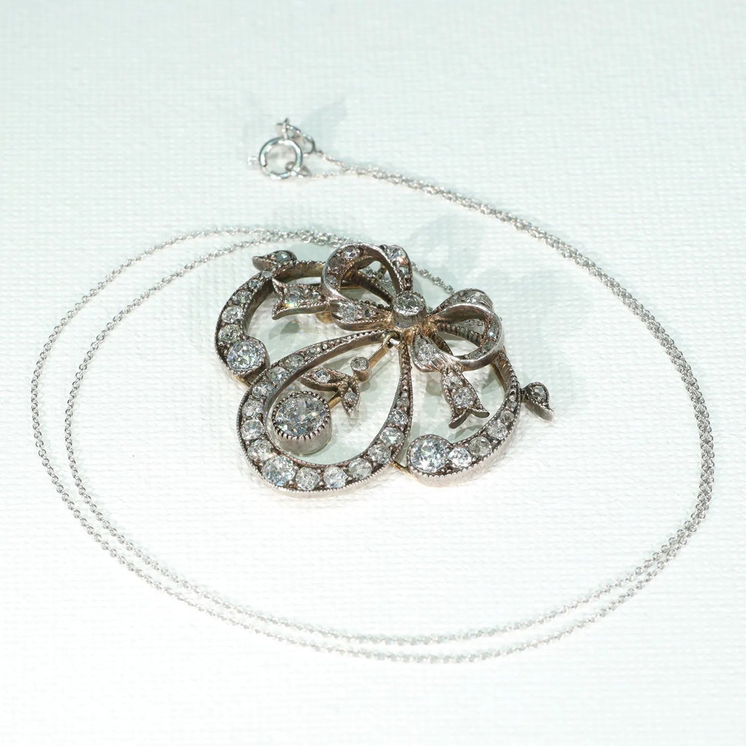 Antique Victorian Diamond Bow Necklace 15k Gold Silver Set