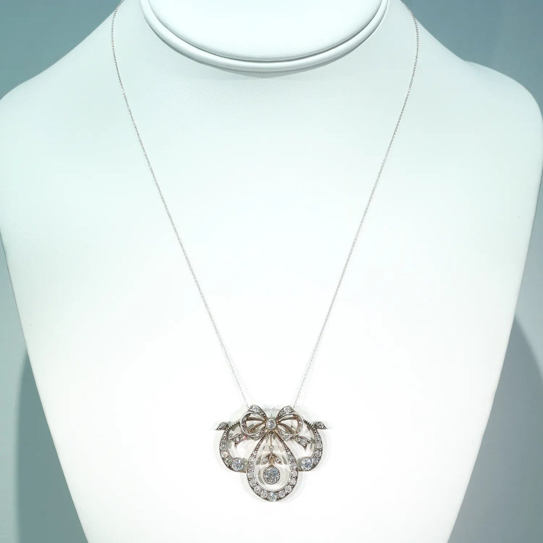 Antique Victorian Diamond Bow Necklace 15k Gold Silver Set