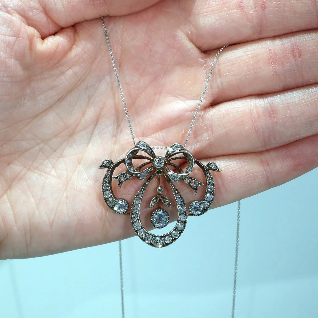 Antique Victorian Diamond Bow Necklace 15k Gold Silver Set