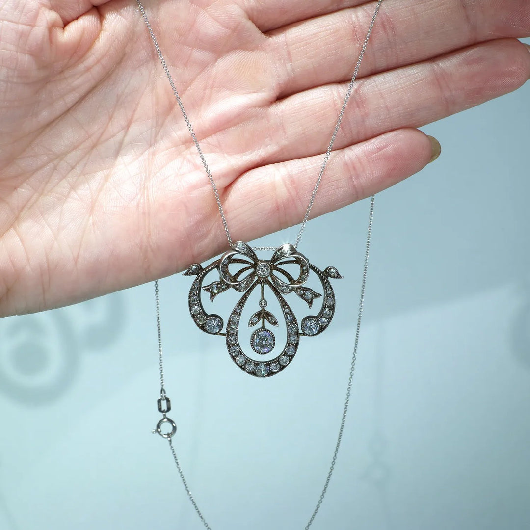 Antique Victorian Diamond Bow Necklace 15k Gold Silver Set