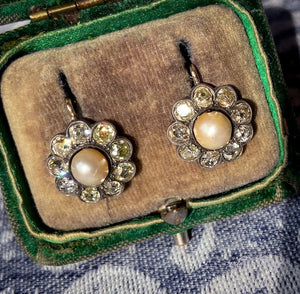 Antique Victorian Diamond Pearl Cluster Earrings 18k Silver Set in Box