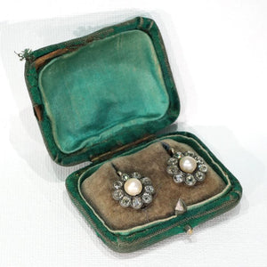 Antique Victorian Diamond Pearl Cluster Earrings 18k Silver Set in Box