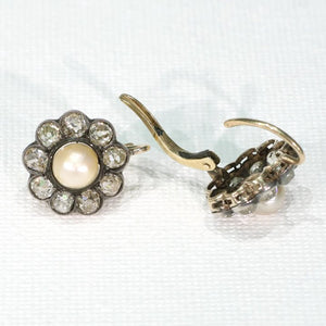 Antique Victorian Diamond Pearl Cluster Earrings 18k Silver Set in Box