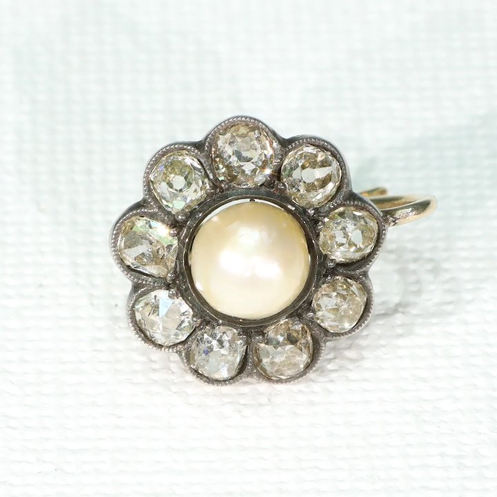 Antique Victorian Diamond Pearl Cluster Earrings 18k Silver Set in Box
