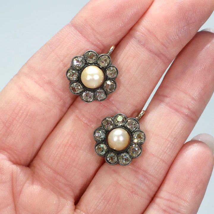 Antique Victorian Diamond Pearl Cluster Earrings 18k Silver Set in Box