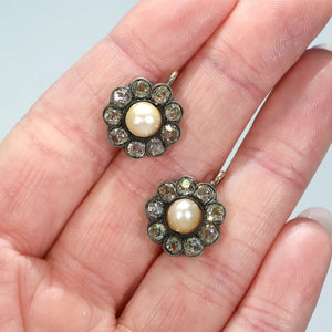 Antique Victorian Diamond Pearl Cluster Earrings 18k Silver Set in Box