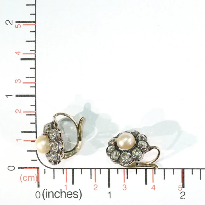Antique Victorian Diamond Pearl Cluster Earrings 18k Silver Set in Box