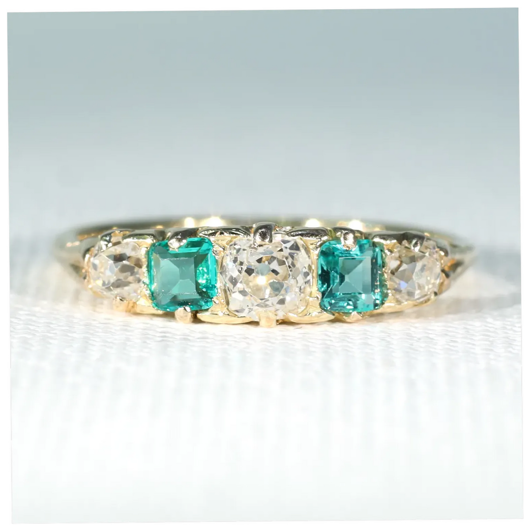 Antique Victorian Emerald Diamond Ring 18k Gold