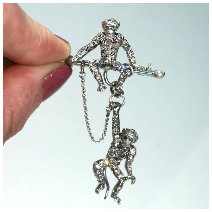 Art Deco Paste Silver Monkey Brooch