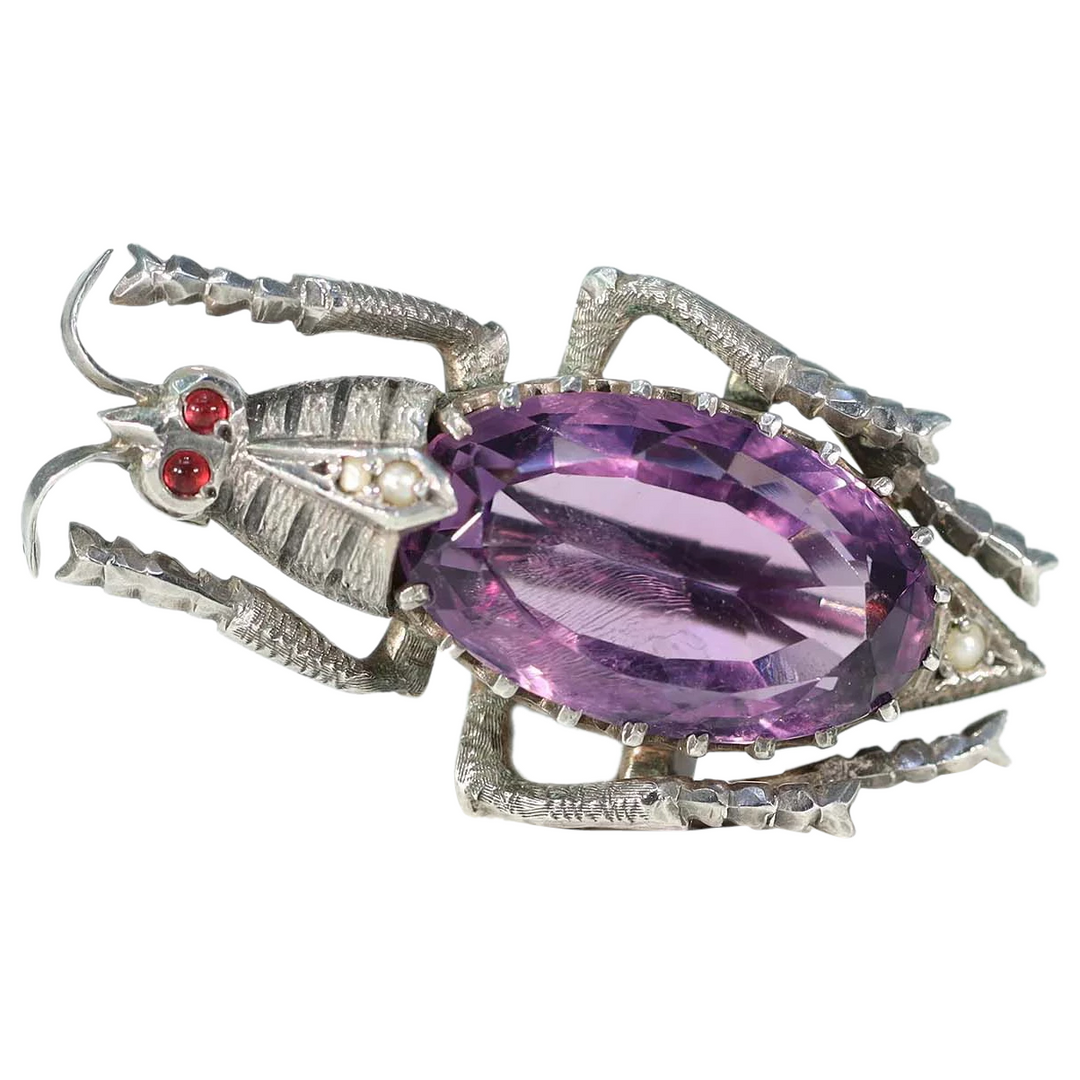 Antique Victorian Silver Amethyst Pearl Bug Brooch Pin