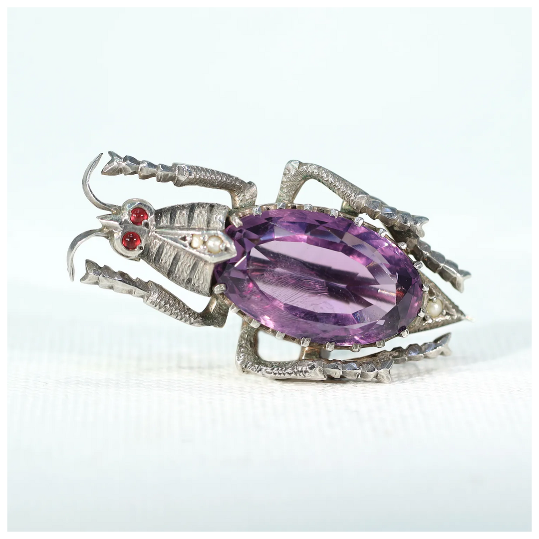 Antique Victorian Silver Amethyst Pearl Bug Brooch Pin