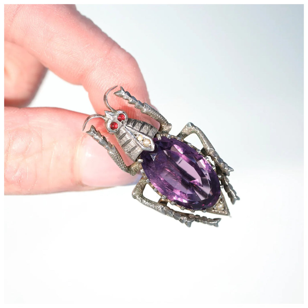 Antique Victorian Silver Amethyst Pearl Bug Brooch Pin