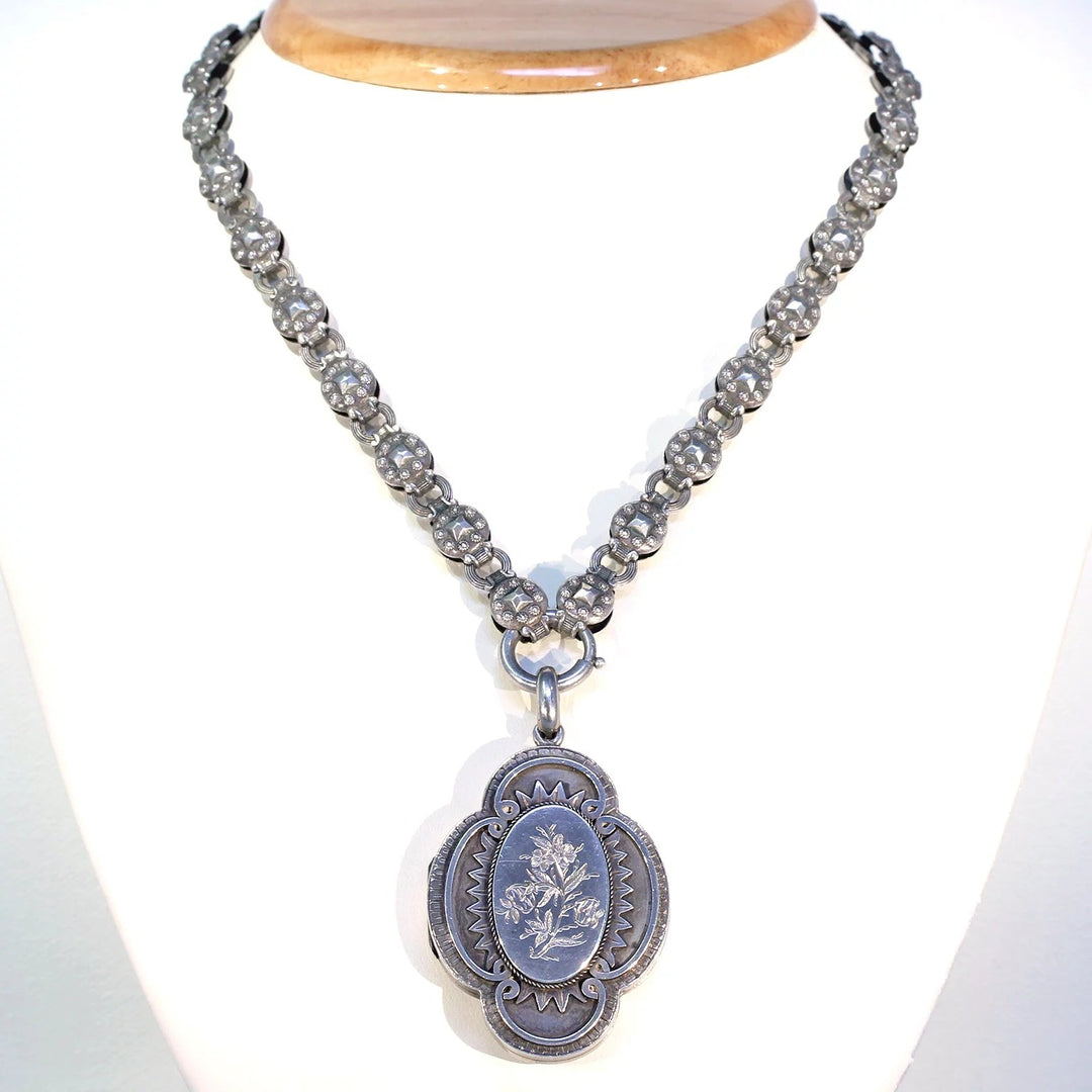 Antique Victorian Silver Collar and Locket Necklace with Floral Engraving
