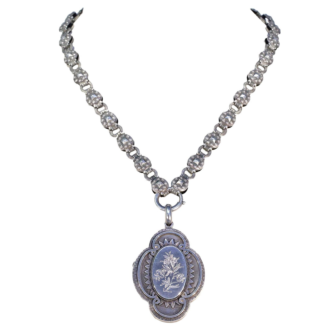 Antique Victorian Silver Collar and Locket Necklace with Floral Engraving
