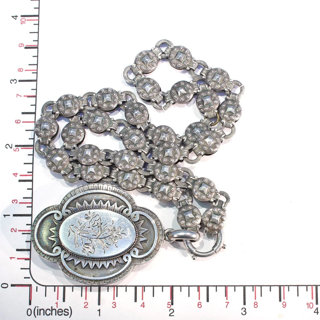 Antique Victorian Silver Collar and Locket Necklace with Floral Engraving