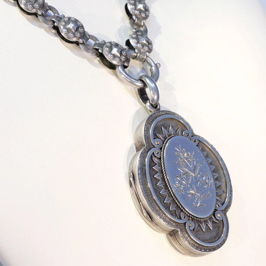 Antique Victorian Silver Collar and Locket Necklace with Floral Engraving