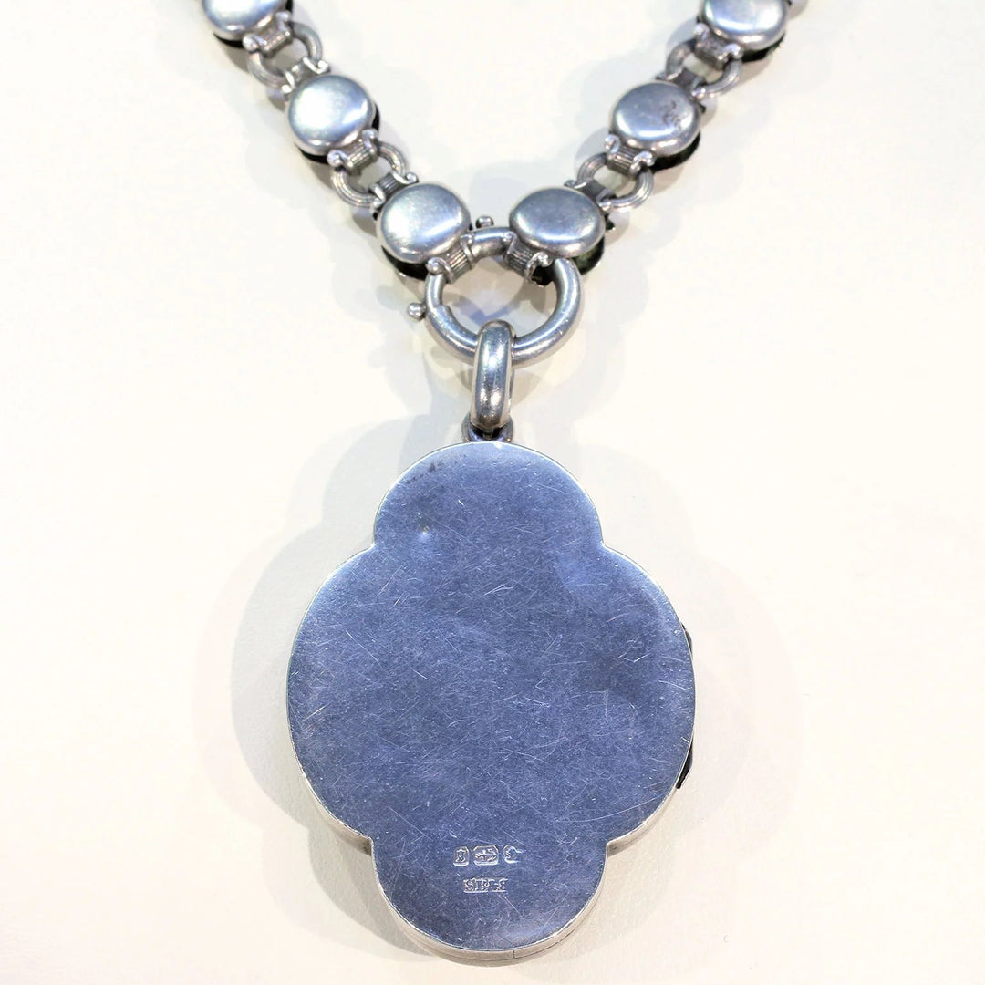 Antique Victorian Silver Collar and Locket Necklace with Floral Engraving