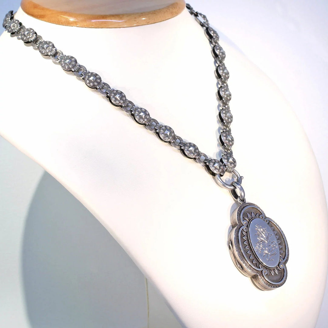 Antique Victorian Silver Collar and Locket Necklace with Floral Engraving