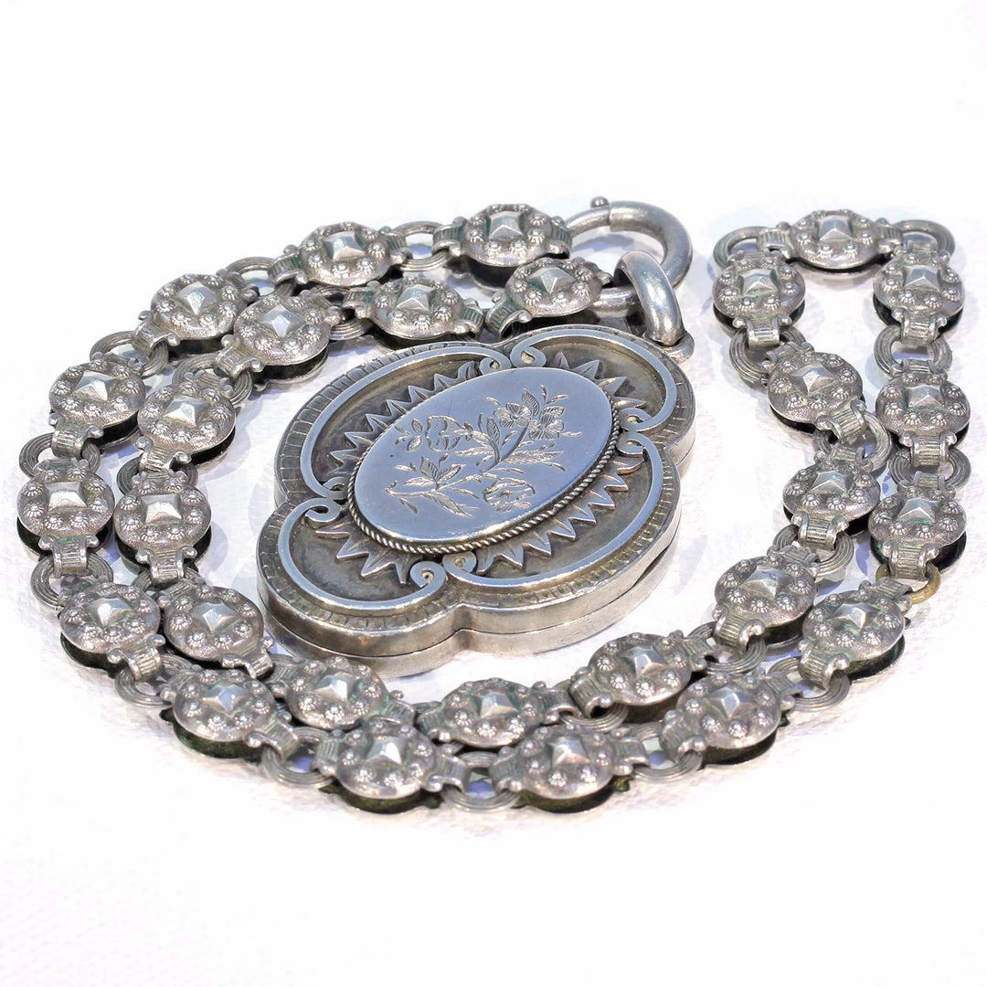 Antique Victorian Silver Collar and Locket Necklace with Floral Engraving