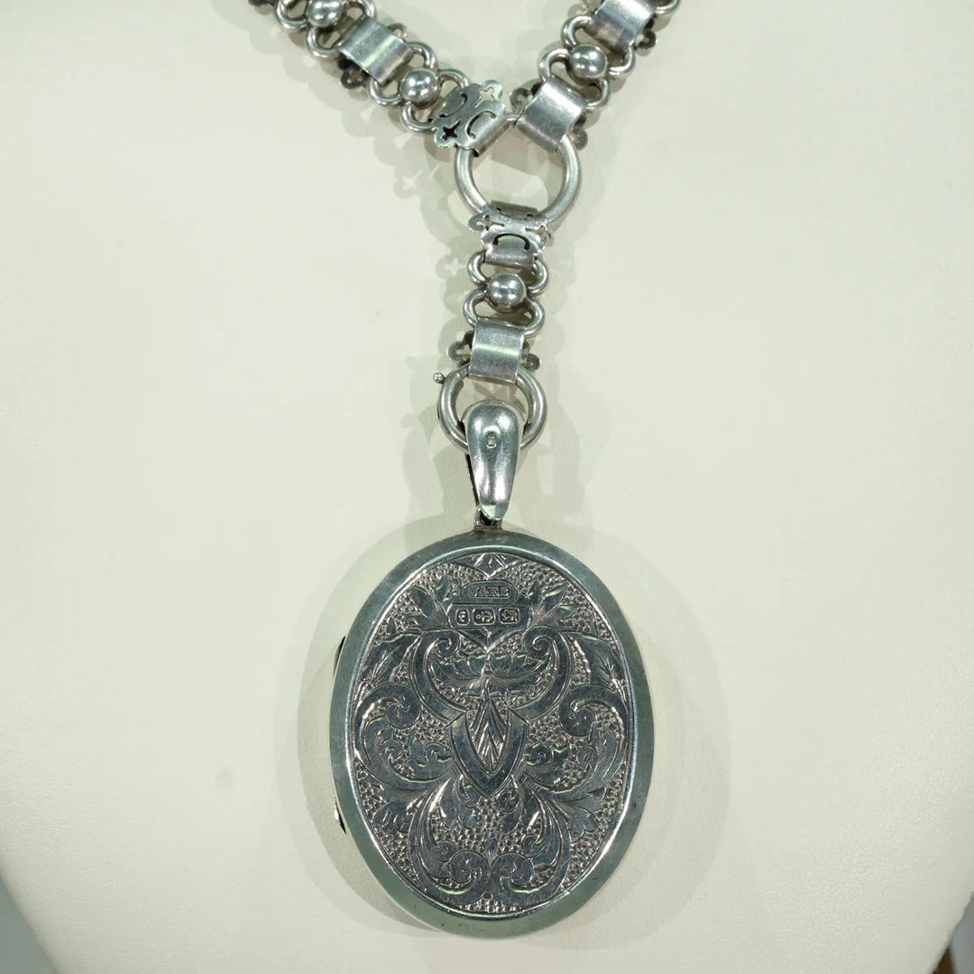 Antique Victorian Silver Collar and Locket Necklace