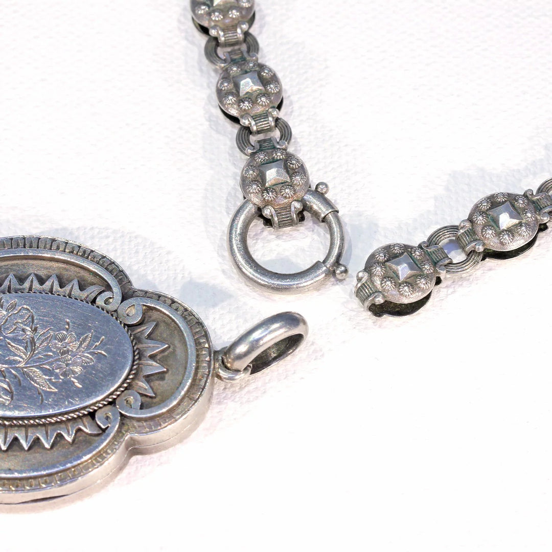 Antique Victorian Silver Collar and Locket Necklace with Floral Engraving