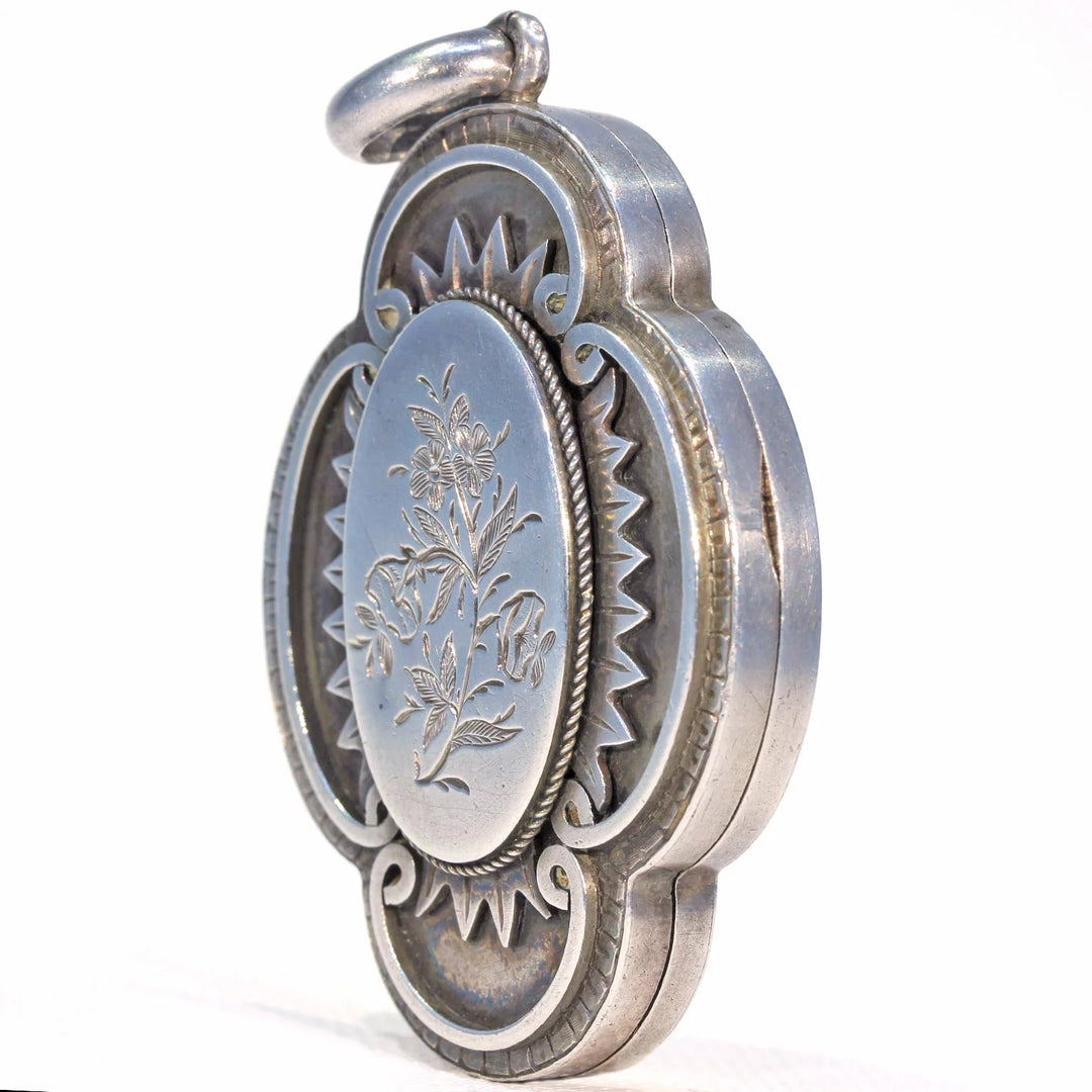 Antique Victorian Silver Collar and Locket Necklace with Floral Engraving