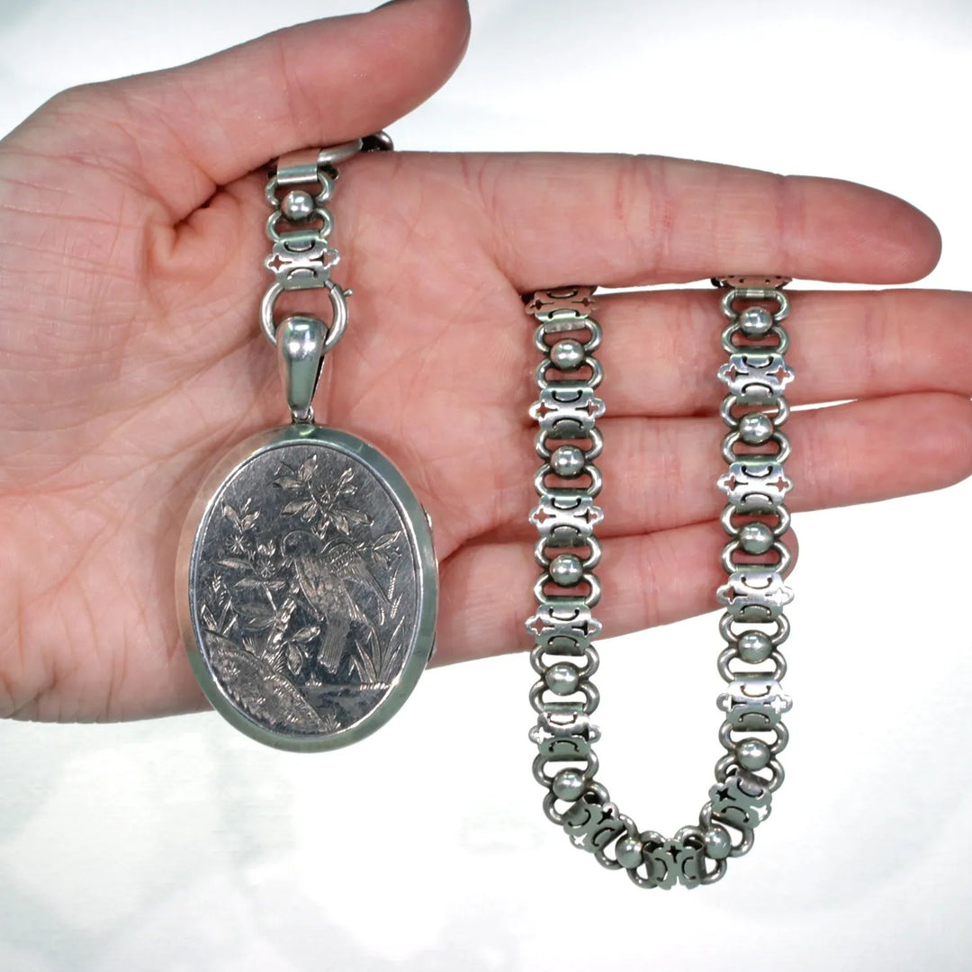 Antique Victorian Silver Collar and Locket Necklace