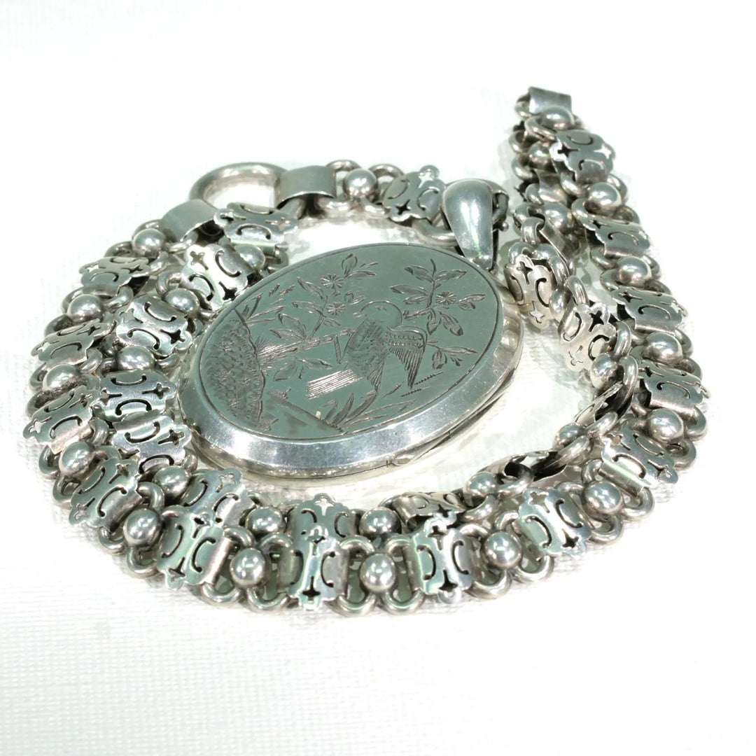 Antique Victorian Silver Collar and Locket Necklace