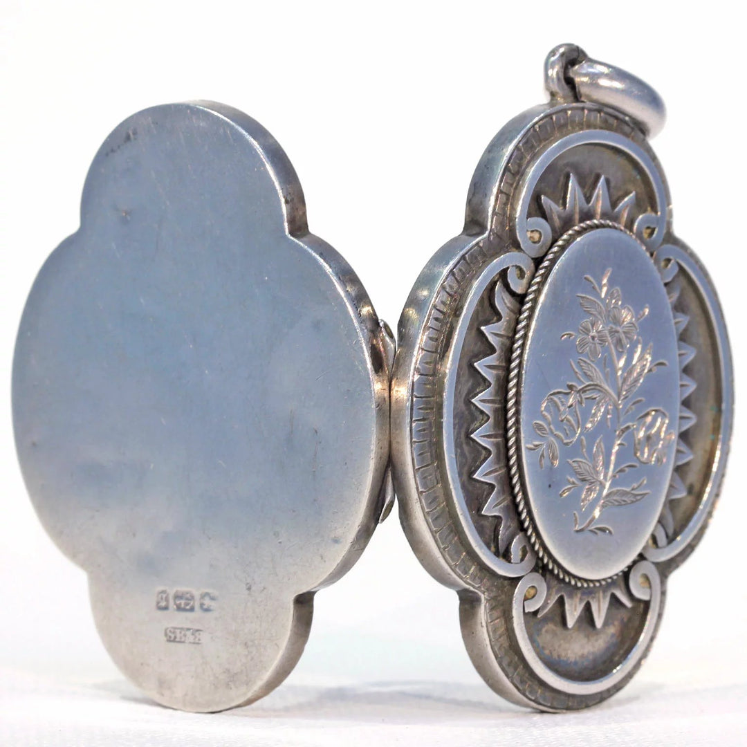 Antique Victorian Silver Collar and Locket Necklace with Floral Engraving