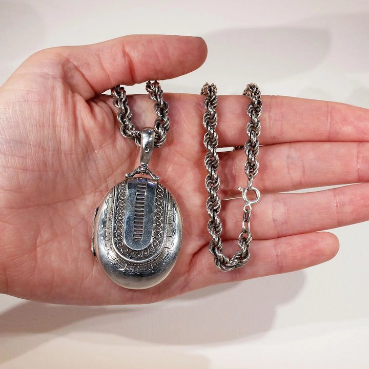 Antique Victorian Silver Collar and Locket Set, Birmingham 1876