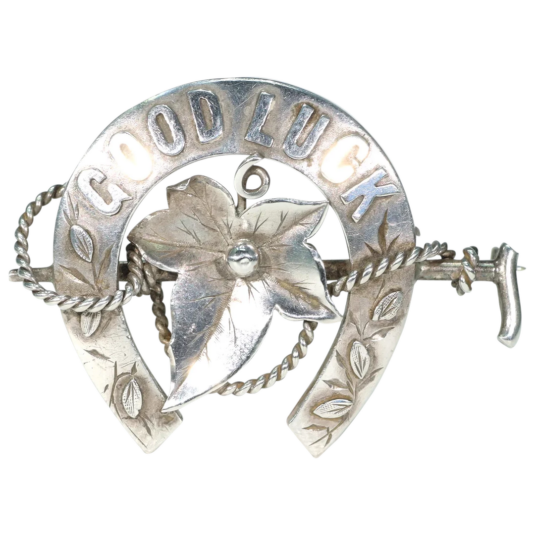 Antique Victorian Silver Horseshoe Brooch Ivy Riding Crop