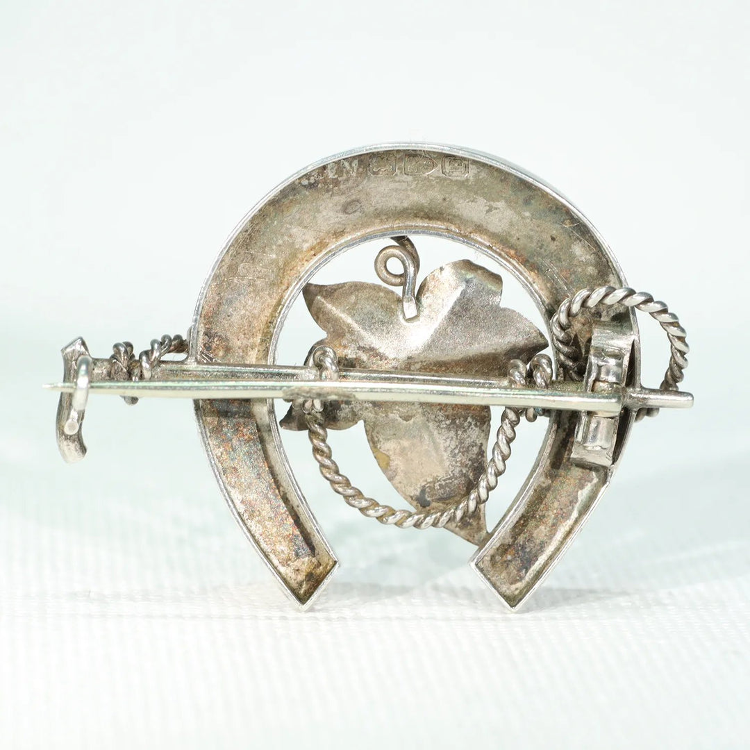 Antique Victorian Silver Horseshoe Brooch Ivy Riding Crop