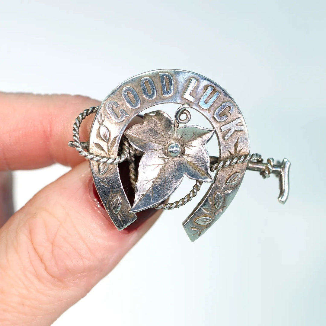 Antique Victorian Silver Horseshoe Brooch Ivy Riding Crop