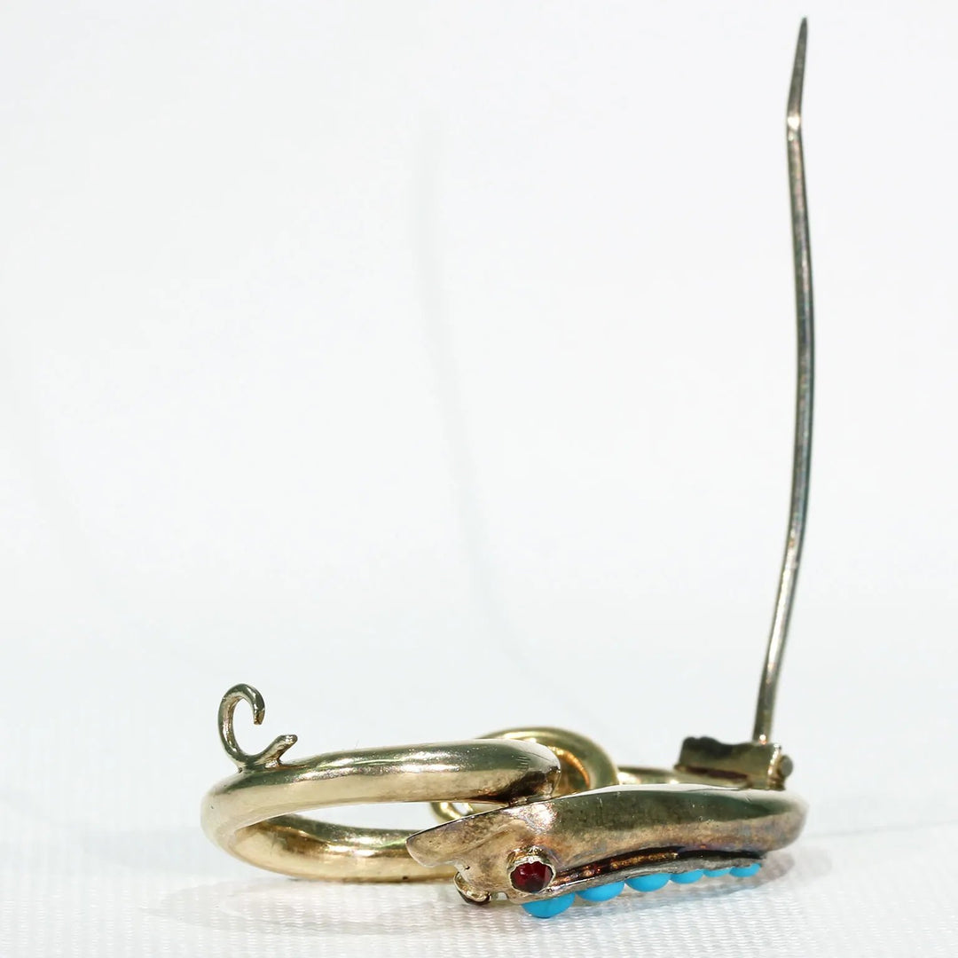 Antique Victorian Turquoise Garnet Gold Snake Brooch Pin