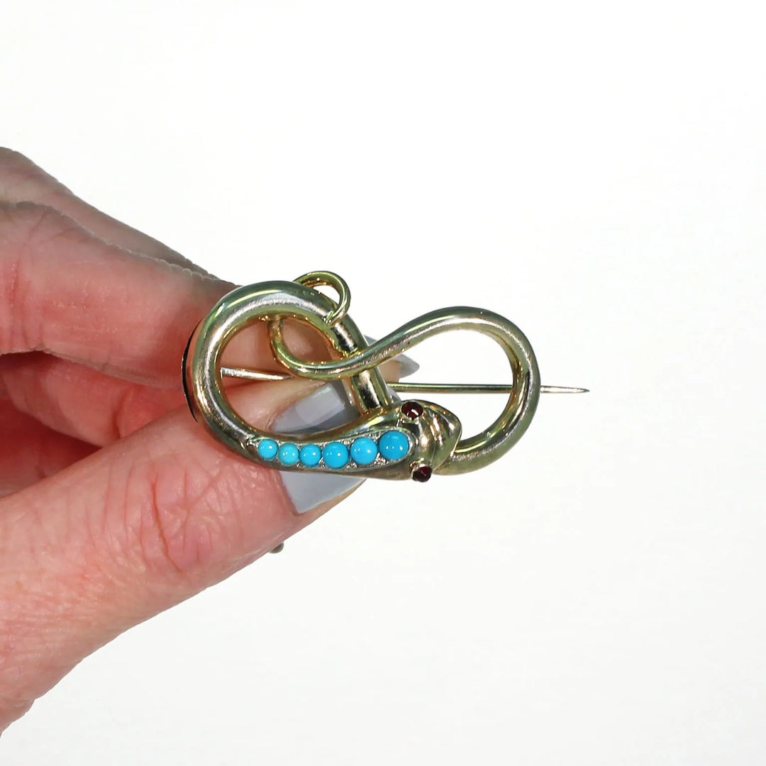 Antique Victorian Turquoise Garnet Gold Snake Brooch Pin