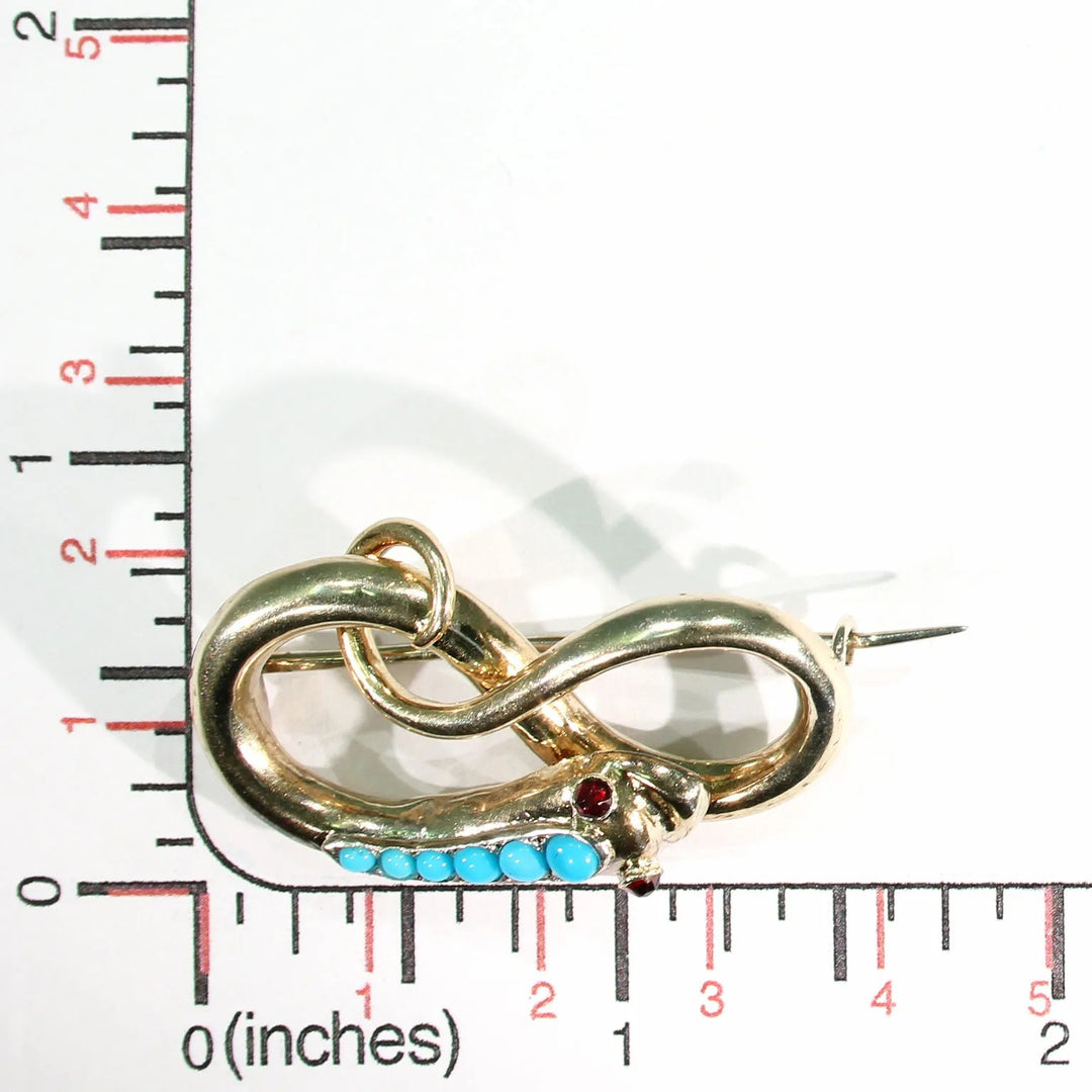 Antique Victorian Turquoise Garnet Gold Snake Brooch Pin