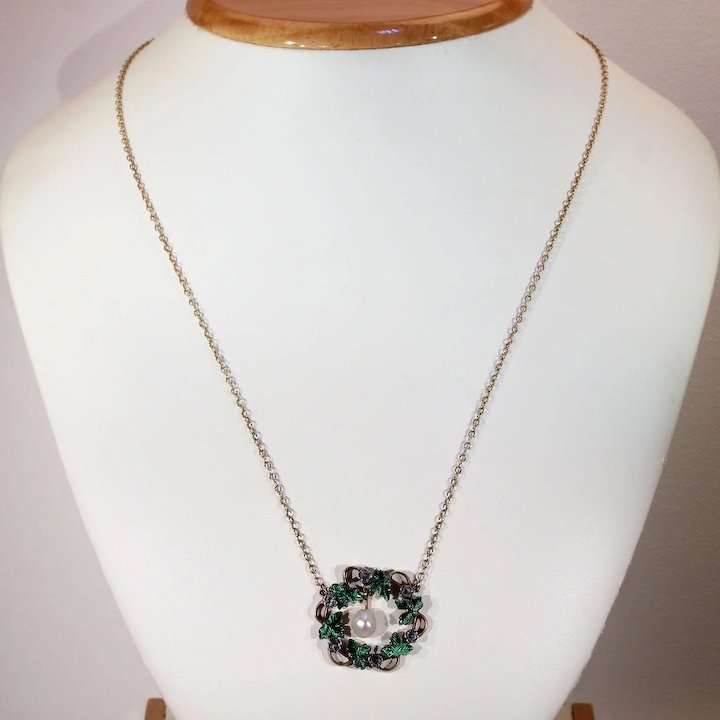 Antique Victorian Wreath Pendant Diamond Pearl Enamel