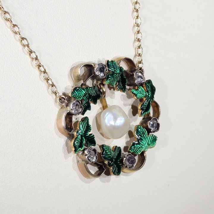 Antique Victorian Wreath Pendant Diamond Pearl Enamel