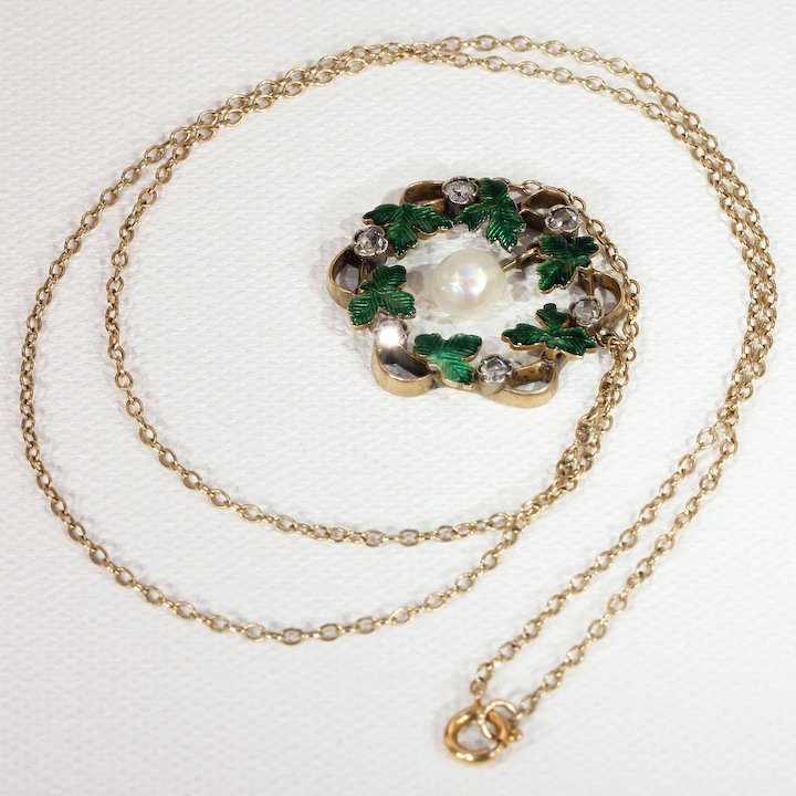 Antique Victorian Wreath Pendant Diamond Pearl Enamel
