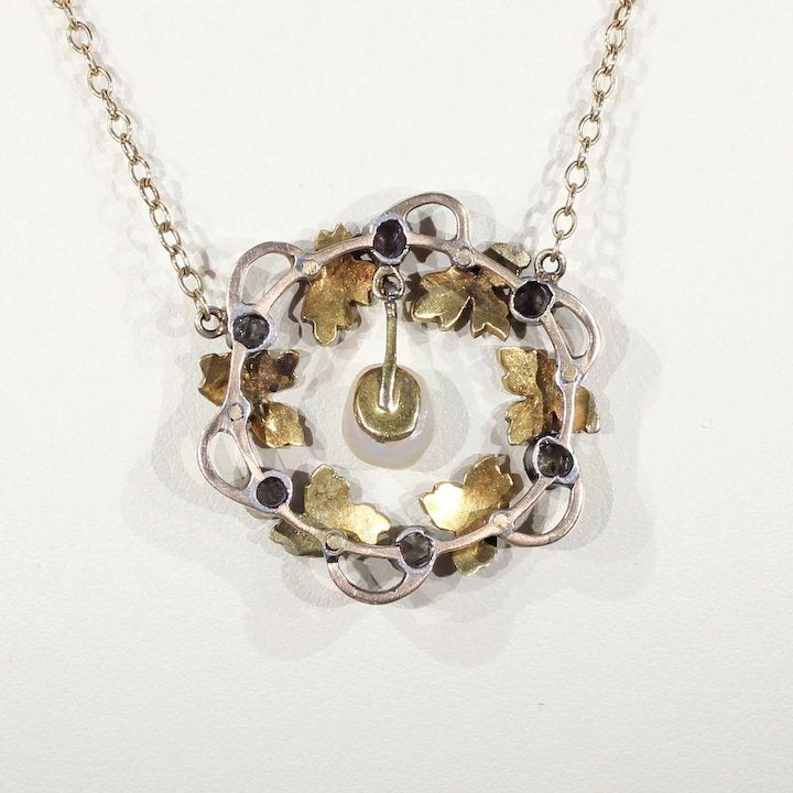 Antique Victorian Wreath Pendant Diamond Pearl Enamel