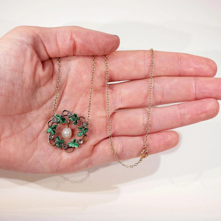 Antique Victorian Wreath Pendant Diamond Pearl Enamel