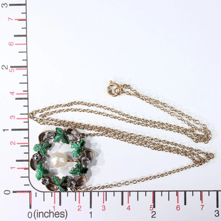 Antique Victorian Wreath Pendant Diamond Pearl Enamel