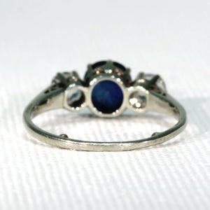 Art Deco Blue Sapphire Diamond 3 Stone Ring