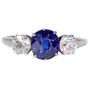 Art Deco Blue Sapphire Diamond 3 Stone Ring