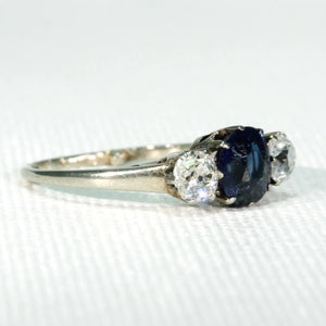 Art Deco Blue Sapphire Diamond 3 Stone Ring