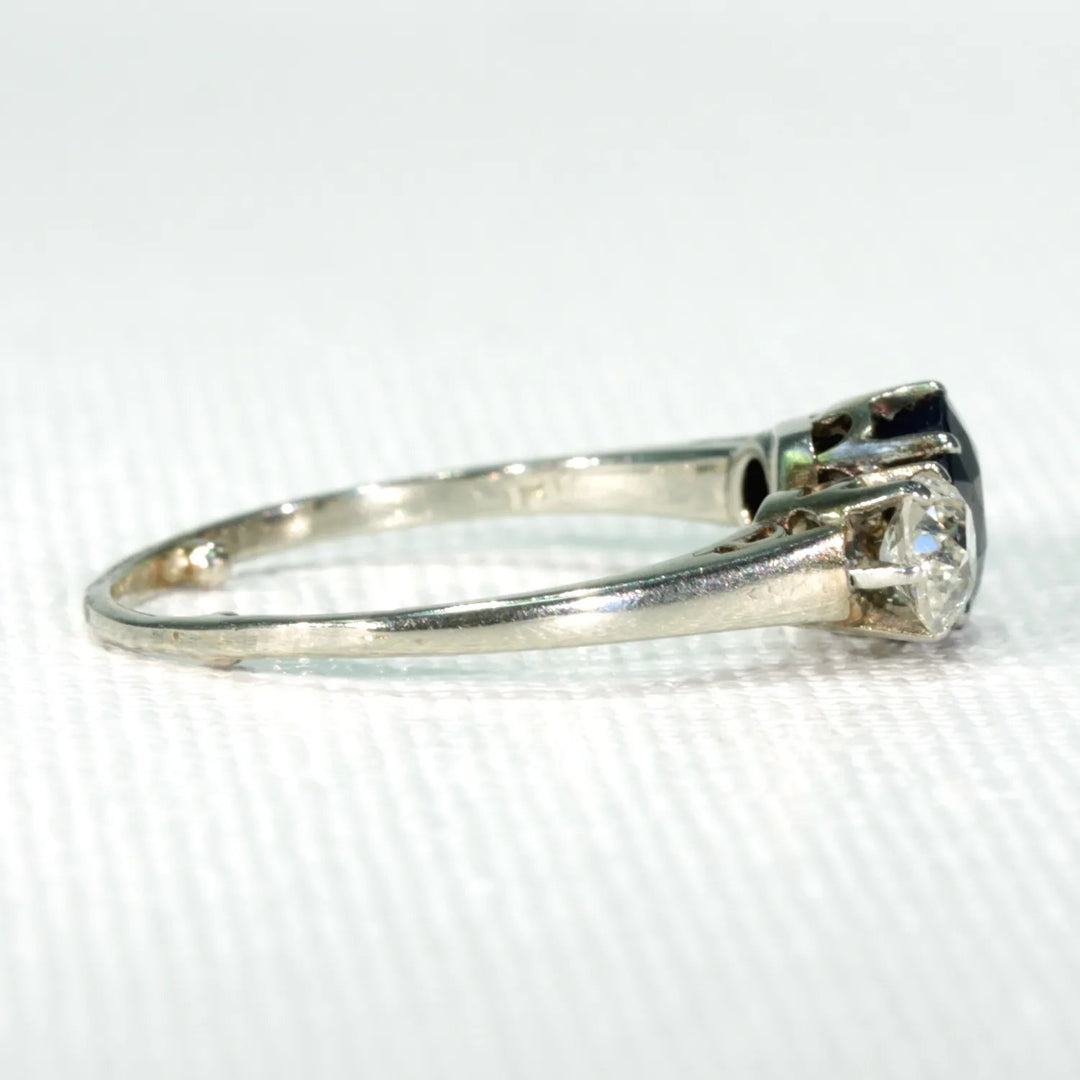 Art Deco Blue Sapphire Diamond 3 Stone Ring
