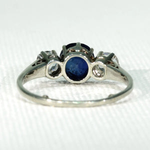 Art Deco Blue Sapphire Diamond 3 Stone Ring