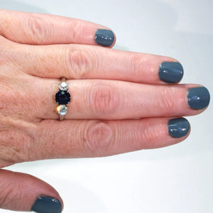 Art Deco Blue Sapphire Diamond 3 Stone Ring